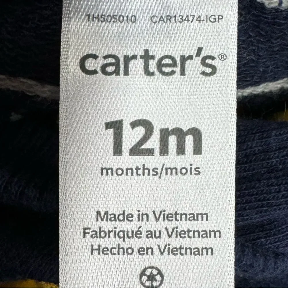 Carter’s Baby Boy Striped Blue Gray Hooded Cotton Coverall One Piece. 12 Months.